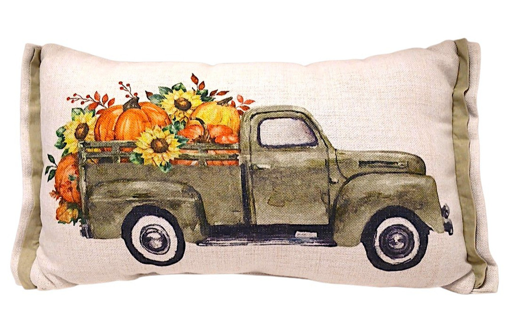 Linen Farm Decor Throw Pillow Burlap Pumpkin Green Truck Country Cottage Thanks